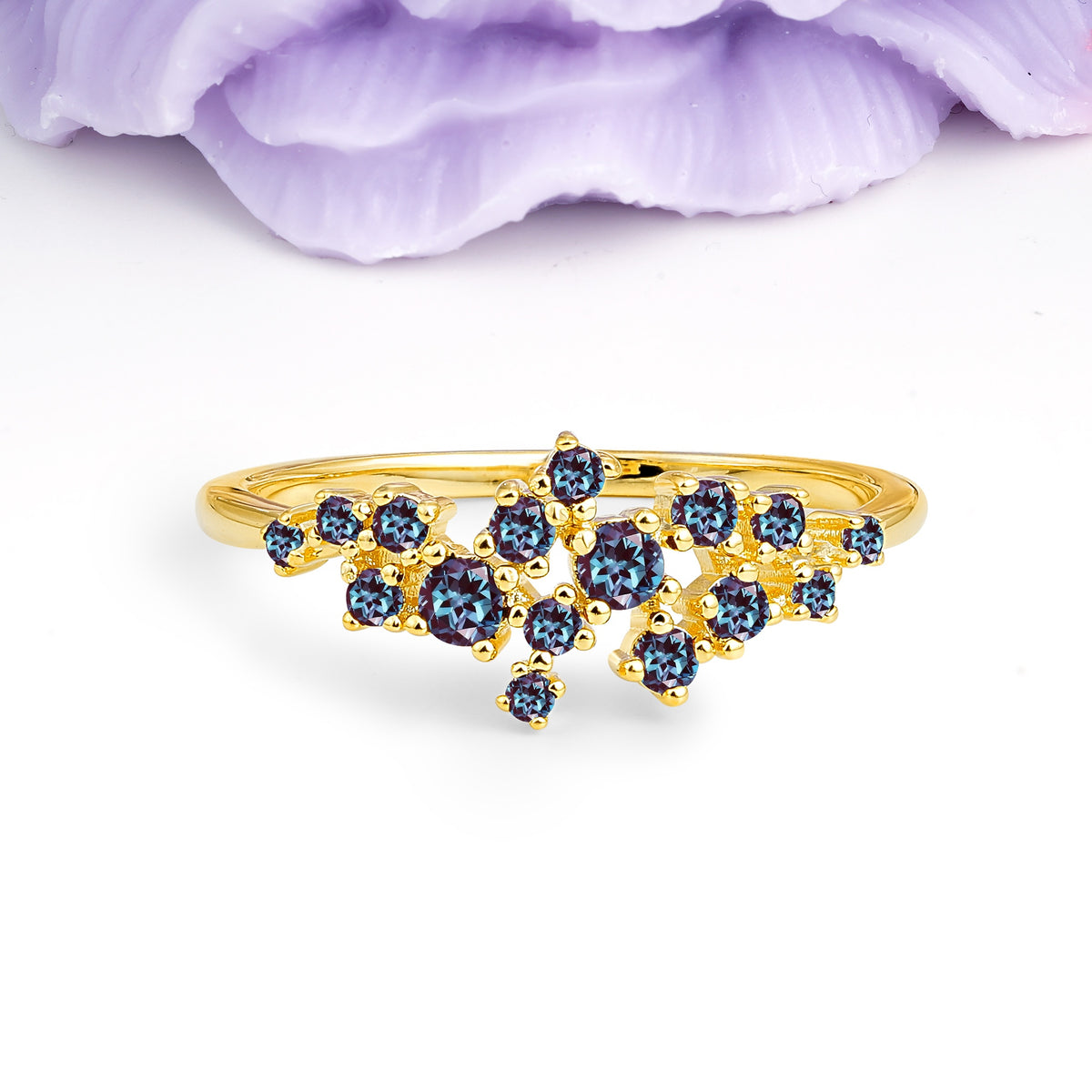 Dainty Galaxy Scattered Diamond Floral Twig Alexandrite Wedding Ring - Additional view