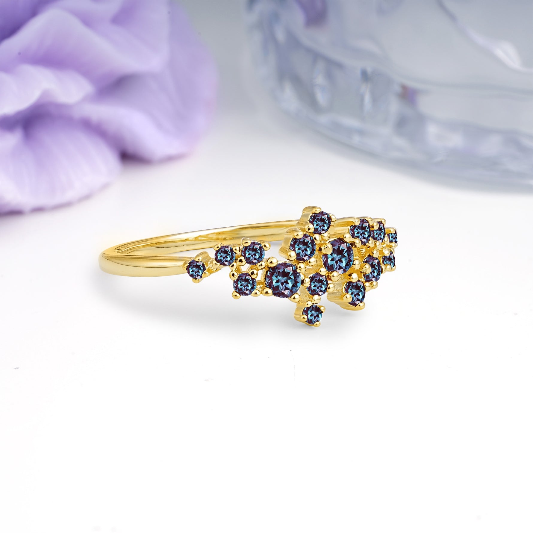 Dainty Galaxy Scattered Diamond Floral Twig Alexandrite Wedding Ring - Additional view