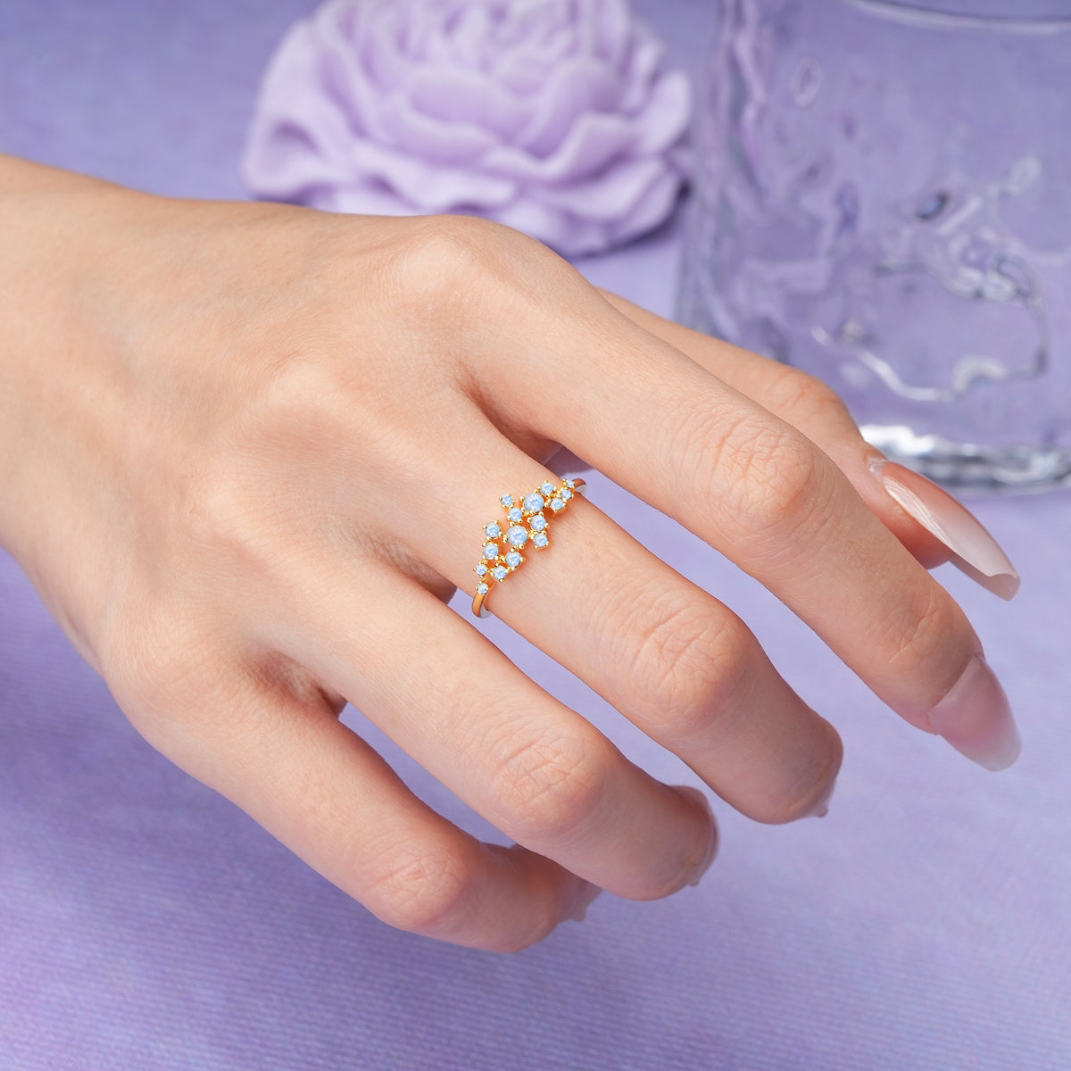Dainty Galaxy Scattered Diamond Floral Twig Moonstone Wedding Ring - Additional view