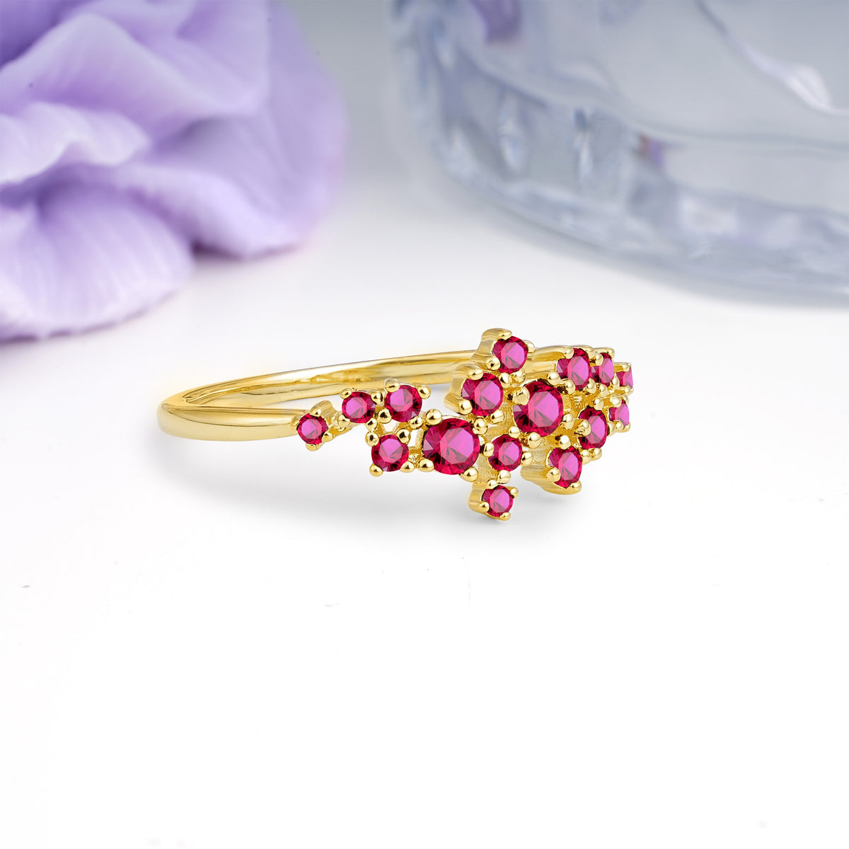 Dainty Galaxy Scattered Diamond Floral Twig Ruby Wedding Ring - Additional view