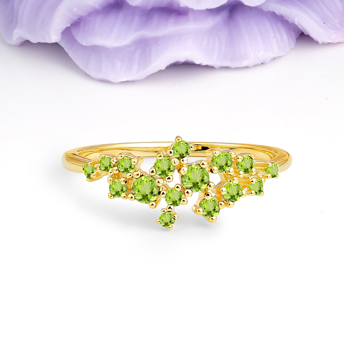 Dainty Galaxy Scattered Diamond Floral Twig Peridot Wedding Ring - Additional view