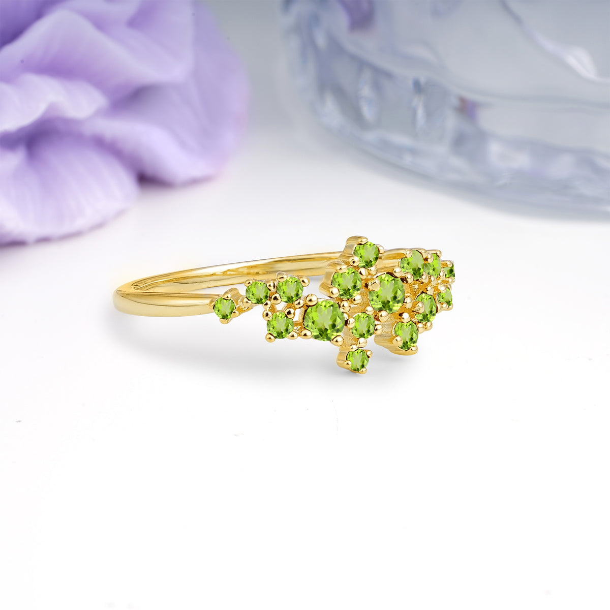 Dainty Galaxy Scattered Diamond Floral Twig Peridot Wedding Ring - Additional view