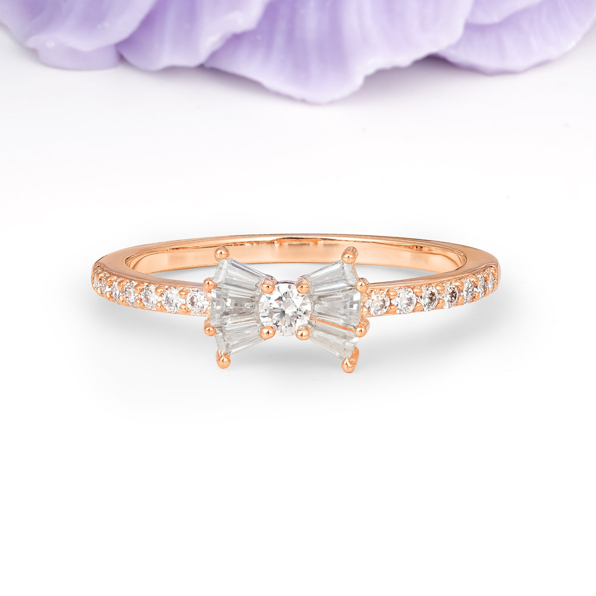 Luxurious Pavé-Set Diamonds, Unique Butterfly-Shaped 4-Prong Setting, Round Cut Moissanite Wedding Ring - Additional view