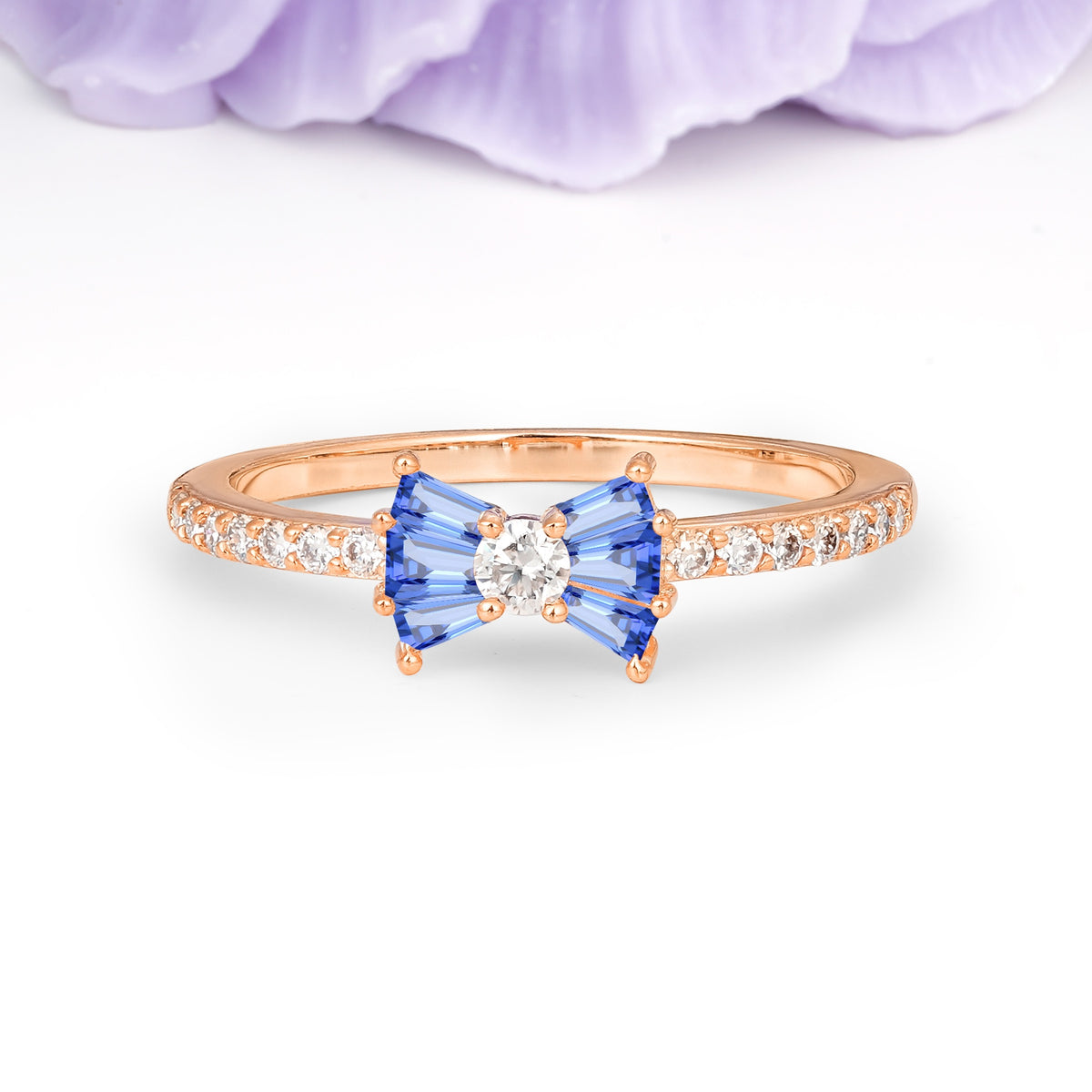 Luxurious Pavé-Set Diamonds, Unique Butterfly-Shaped 4-Prong Setting, Round Cut Sapphire Wedding Ring - Additional view
