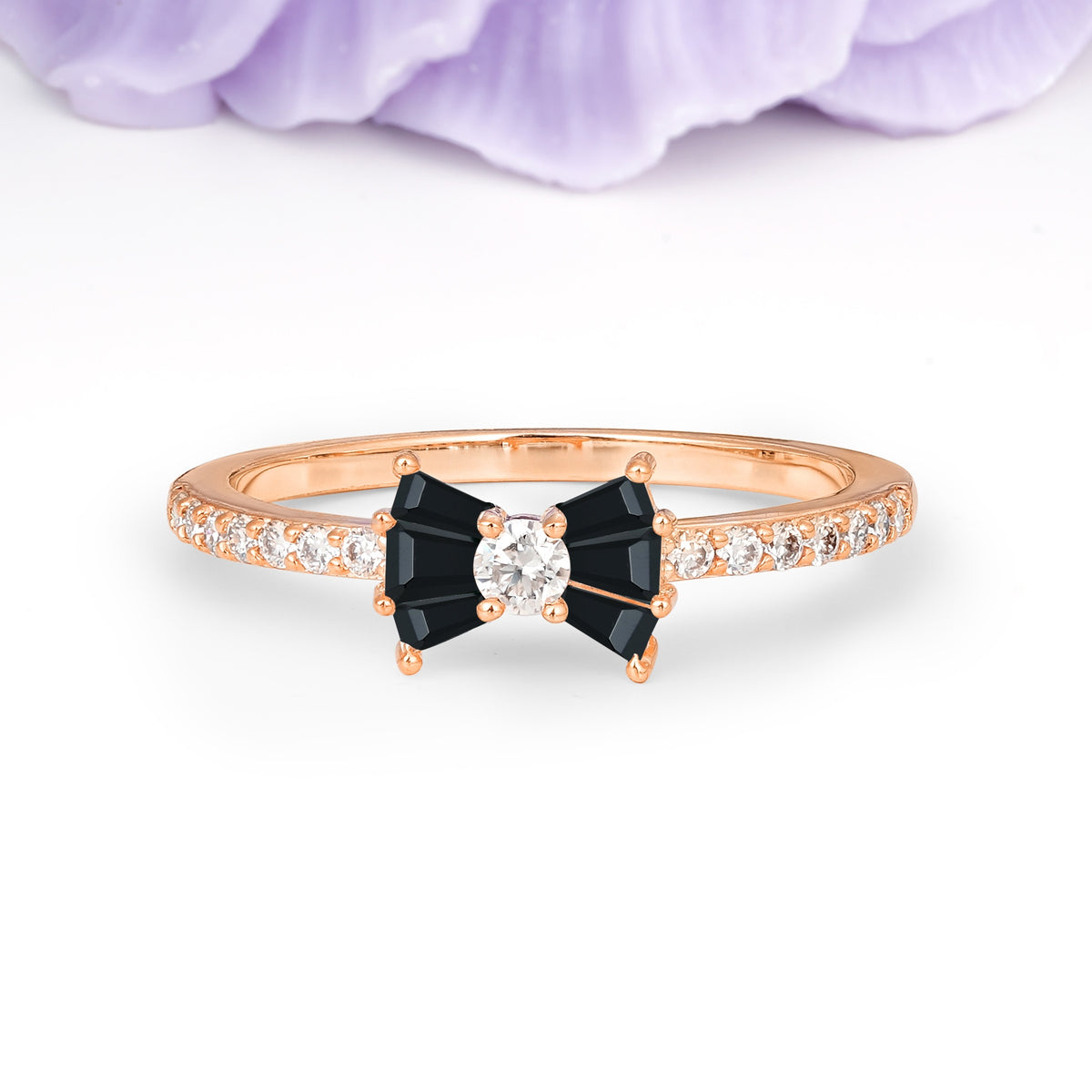 Luxurious Pavé-Set Diamonds, Unique Butterfly-Shaped 4-Prong Setting, Round Cut Black Onyx Wedding Ring - Additional view