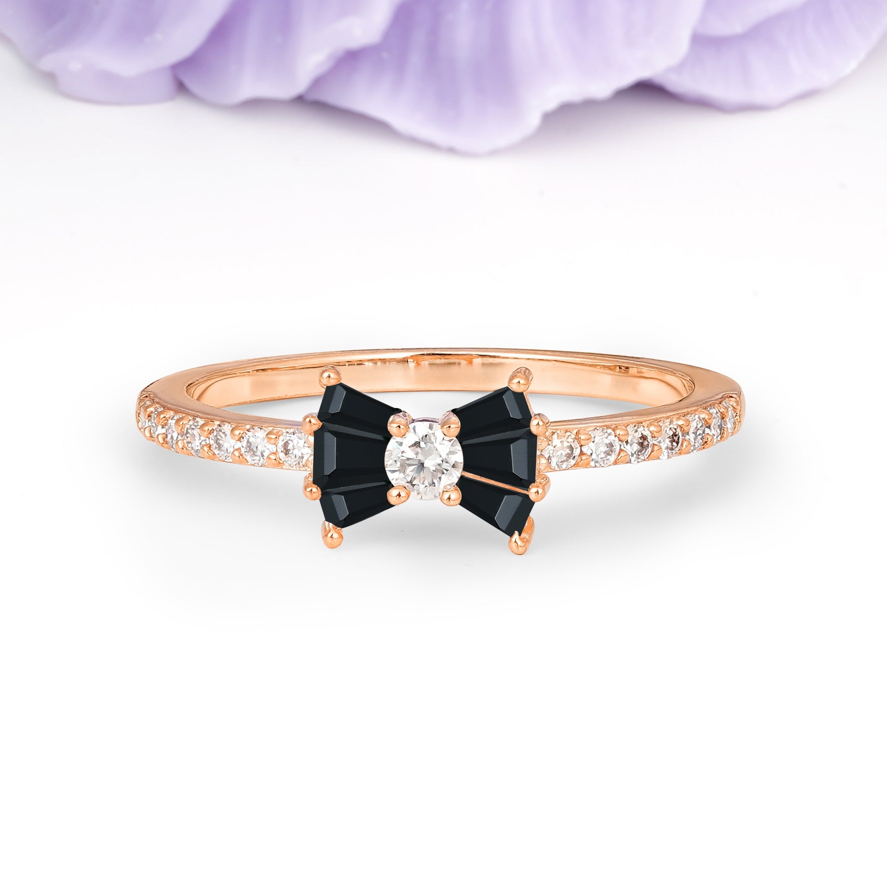 Luxurious Pavé-Set Diamonds, Unique Butterfly-Shaped 4-Prong Setting, Round Cut Black Onyx Wedding Ring - Additional view