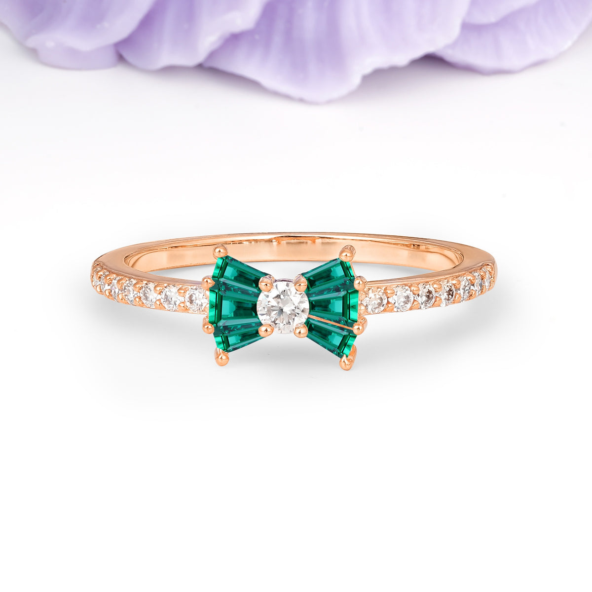 Luxurious Pavé-Set Diamonds, Unique Butterfly-Shaped 4-Prong Setting, Round Cut Emerald Wedding Ring - Additional view