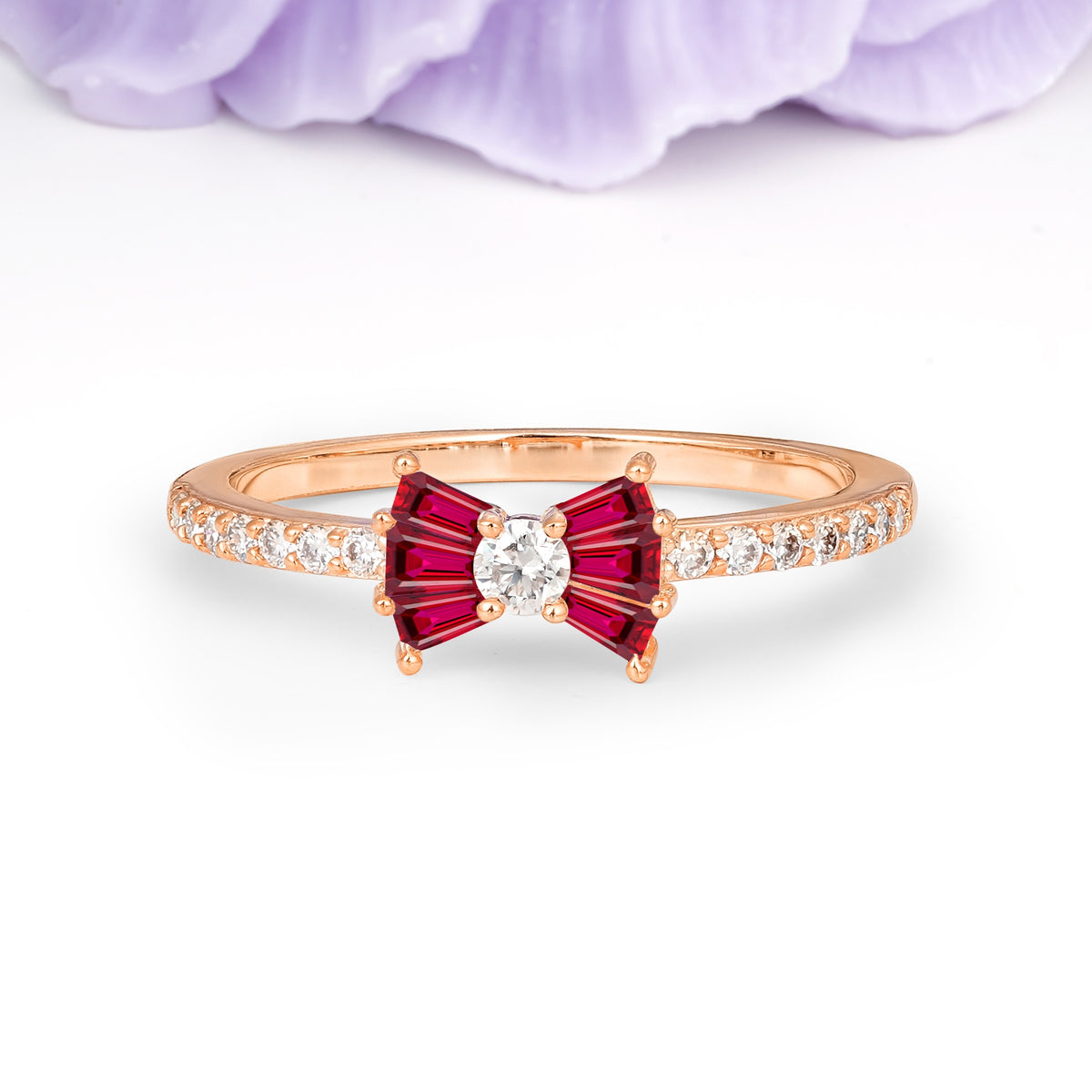 Luxurious Pavé-Set Diamonds, Unique Butterfly-Shaped 4-Prong Setting, Round Cut Ruby Wedding Ring - Additional view