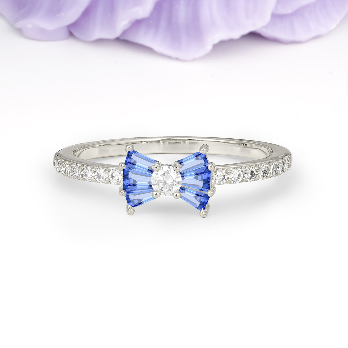 Luxurious Pavé-Set Diamonds, Unique Butterfly-Shaped 4-Prong Setting, Round Cut Sapphire Wedding Ring - Additional view