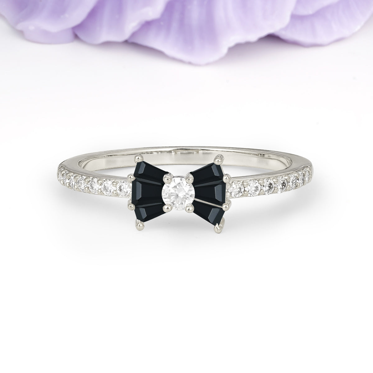 Luxurious Pavé-Set Diamonds, Unique Butterfly-Shaped 4-Prong Setting, Round Cut Black Onyx Wedding Ring - Additional view