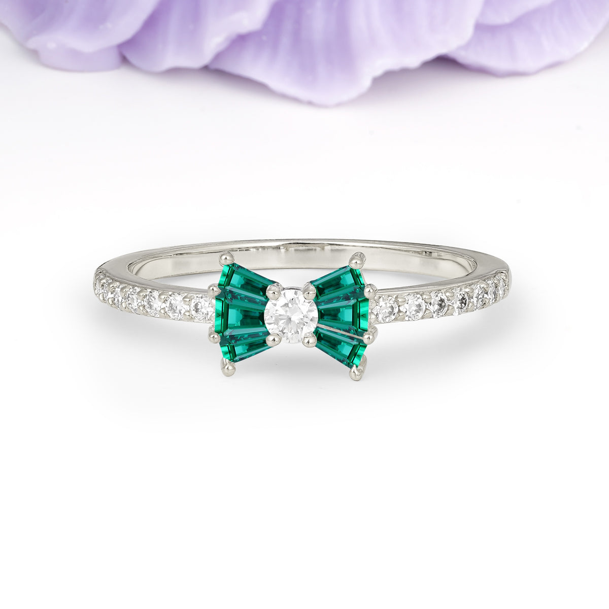 Luxurious Pavé-Set Diamonds, Unique Butterfly-Shaped 4-Prong Setting, Round Cut Emerald Wedding Ring - Additional view