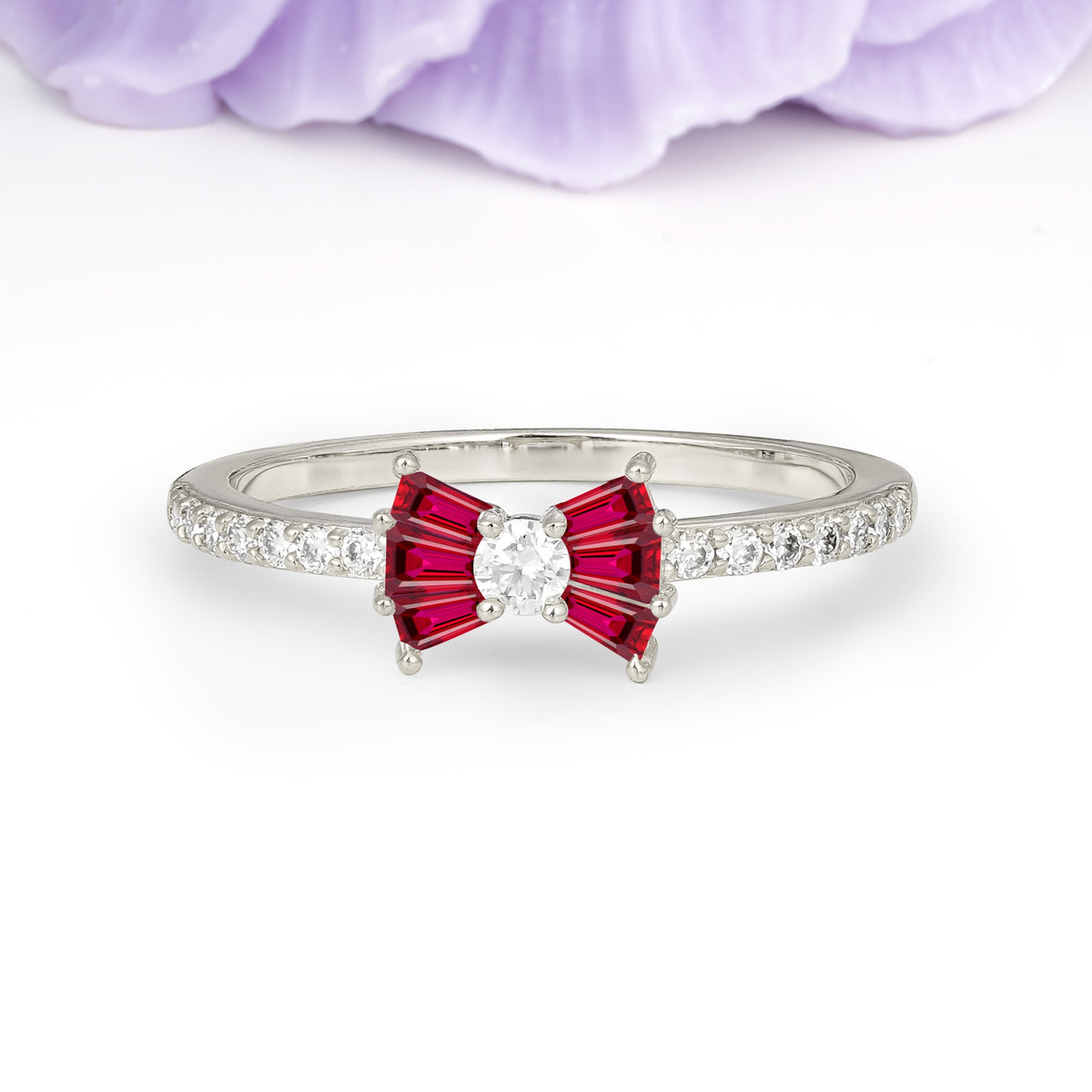 Luxurious Pavé-Set Diamonds, Unique Butterfly-Shaped 4-Prong Setting, Round Cut Ruby Wedding Ring - Additional view