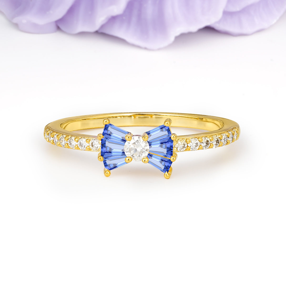Luxurious Pavé-Set Diamonds, Unique Butterfly-Shaped 4-Prong Setting, Round Cut Sapphire Wedding Ring - Additional view