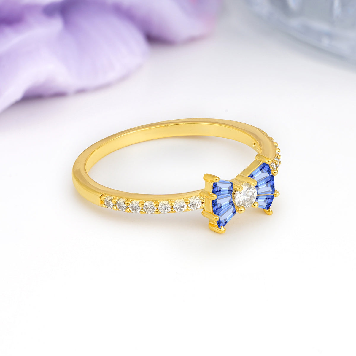 Luxurious Pavé-Set Diamonds, Unique Butterfly-Shaped 4-Prong Setting, Round Cut Sapphire Wedding Ring - Additional view