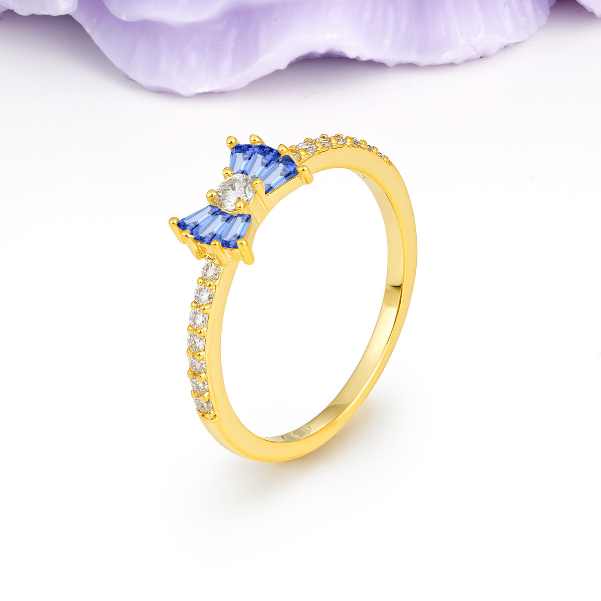Luxurious Pavé-Set Diamonds, Unique Butterfly-Shaped 4-Prong Setting, Round Cut Sapphire Wedding Ring - Additional view