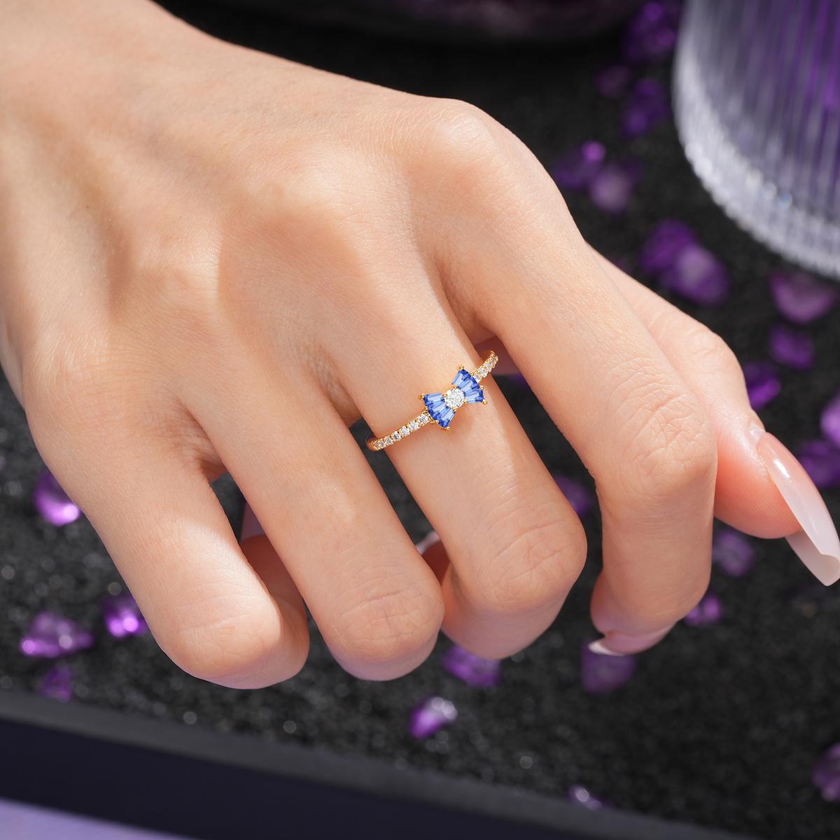 Luxurious Pavé-Set Diamonds, Unique Butterfly-Shaped 4-Prong Setting, Round Cut Sapphire Wedding Ring
