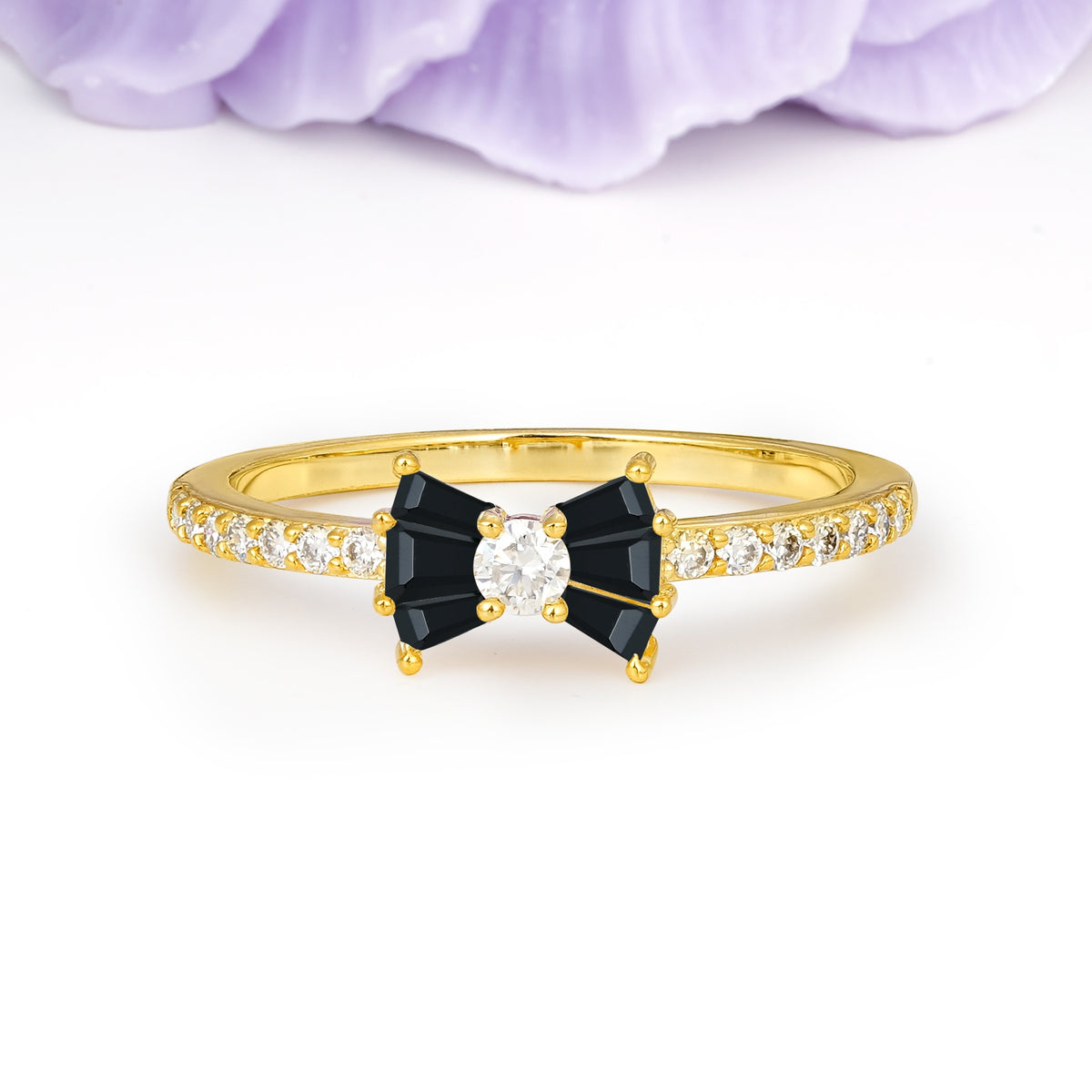 Luxurious Pavé-Set Diamonds, Unique Butterfly-Shaped 4-Prong Setting, Round Cut Black Onyx Wedding Ring - Additional view