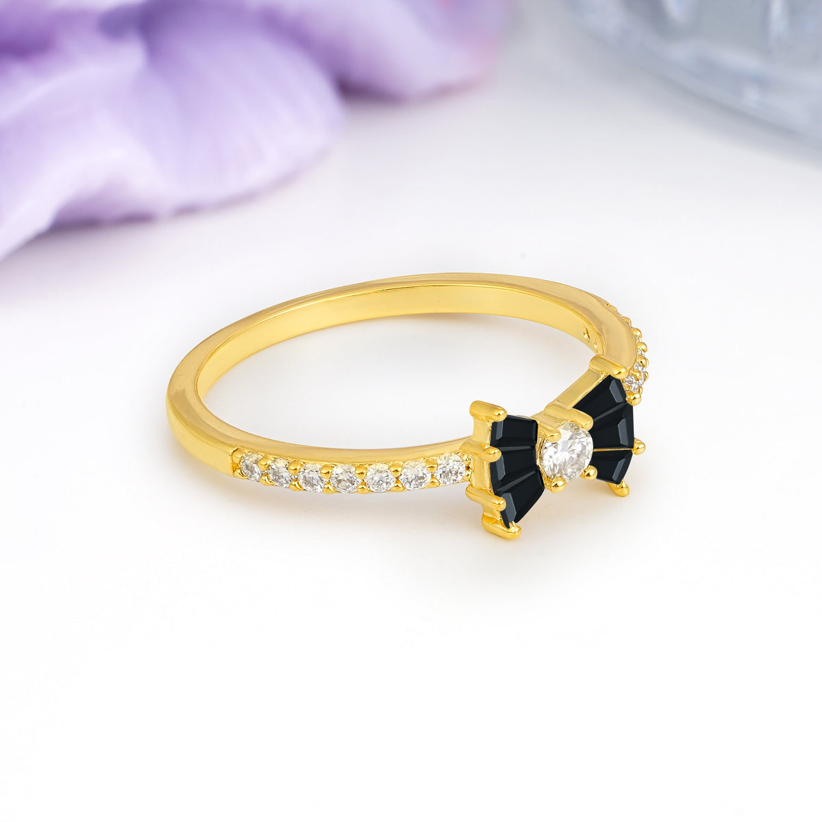 Luxurious Pavé-Set Diamonds, Unique Butterfly-Shaped 4-Prong Setting, Round Cut Black Onyx Wedding Ring - Additional view