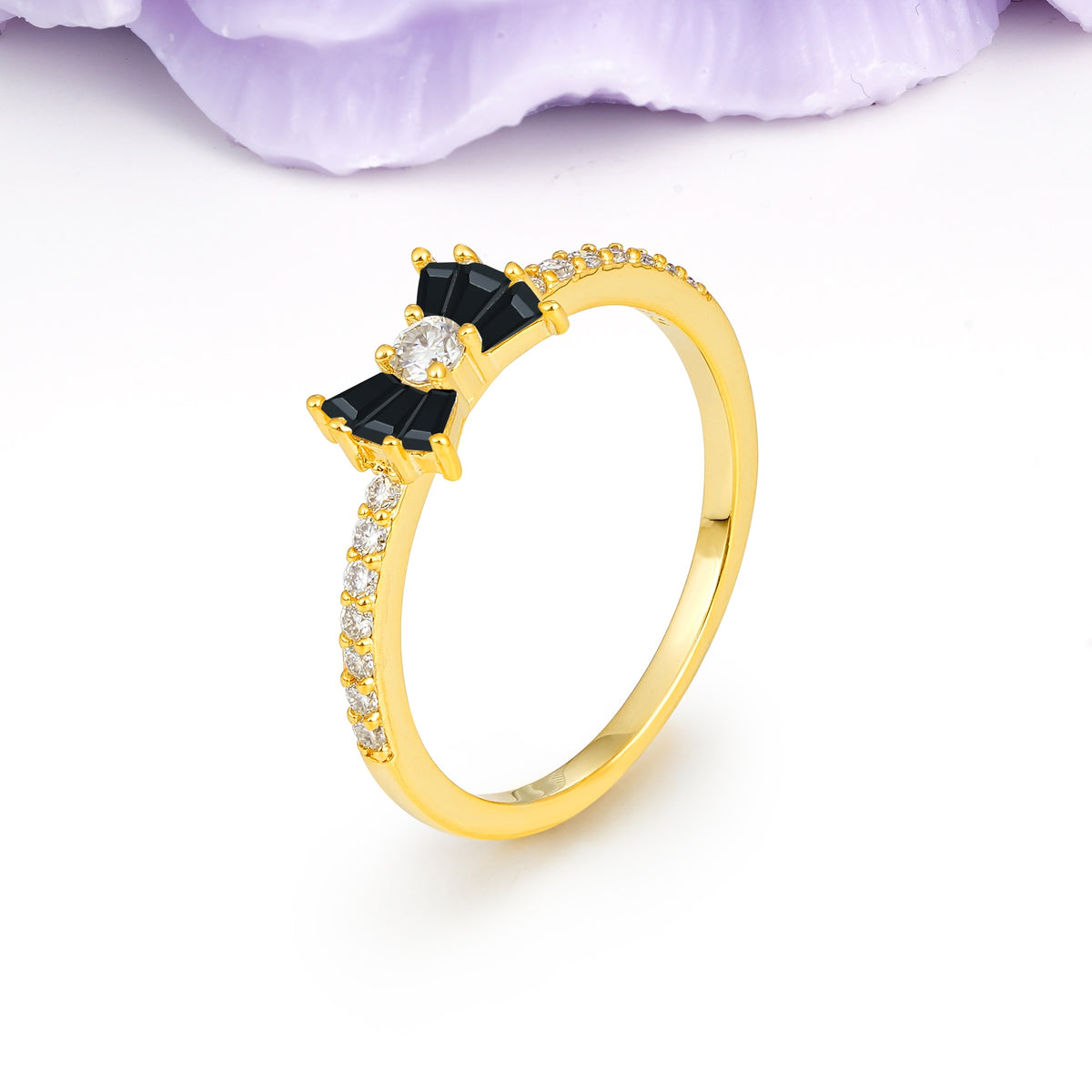 Luxurious Pavé-Set Diamonds, Unique Butterfly-Shaped 4-Prong Setting, Round Cut Black Onyx Wedding Ring - Additional view