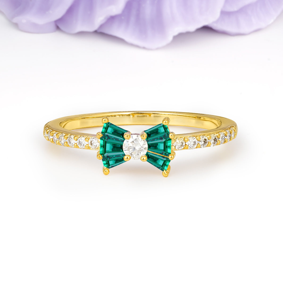 Luxurious Pavé-Set Diamonds, Unique Butterfly-Shaped 4-Prong Setting, Round Cut Emerald Wedding Ring - Additional view