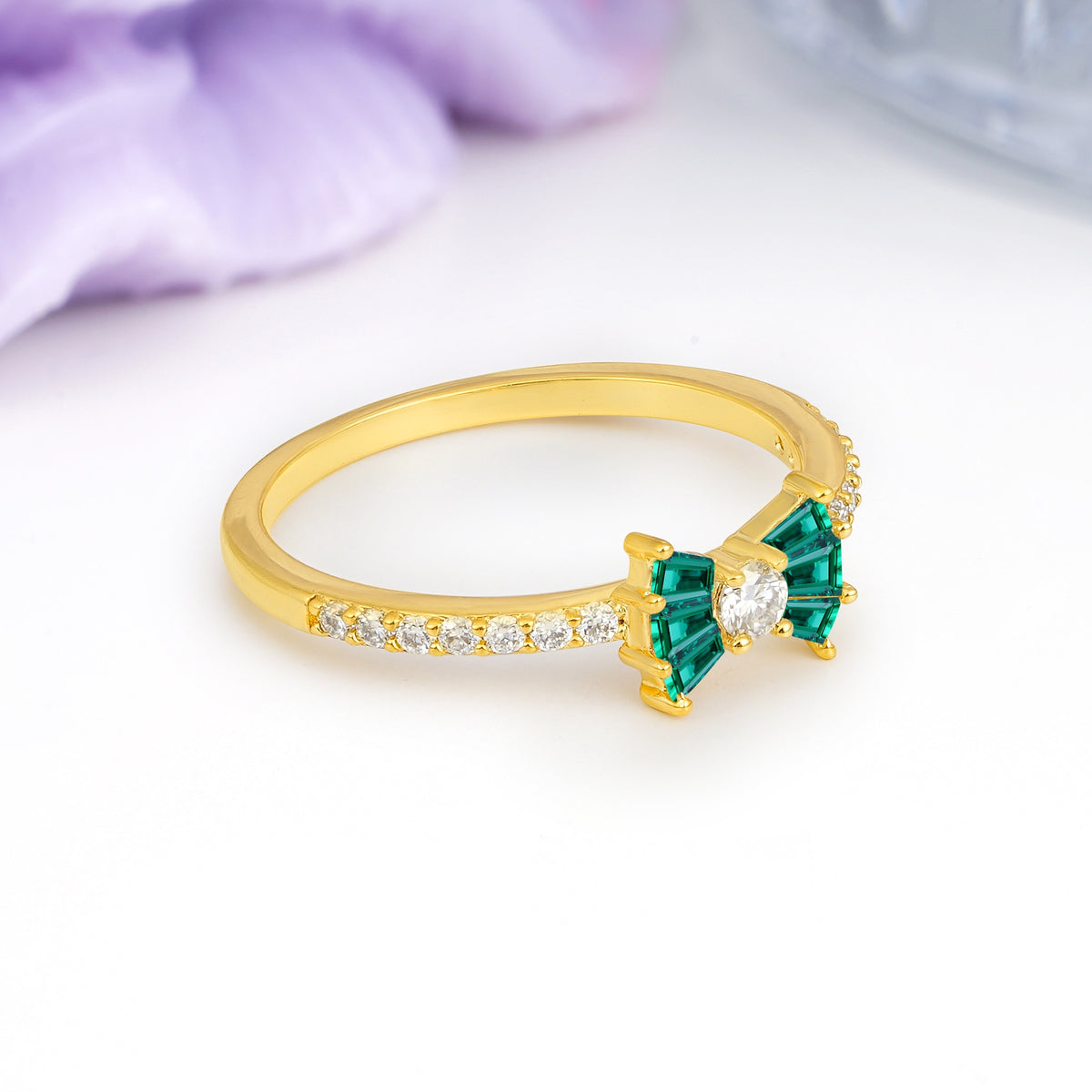 Luxurious Pavé-Set Diamonds, Unique Butterfly-Shaped 4-Prong Setting, Round Cut Emerald Wedding Ring - Additional view