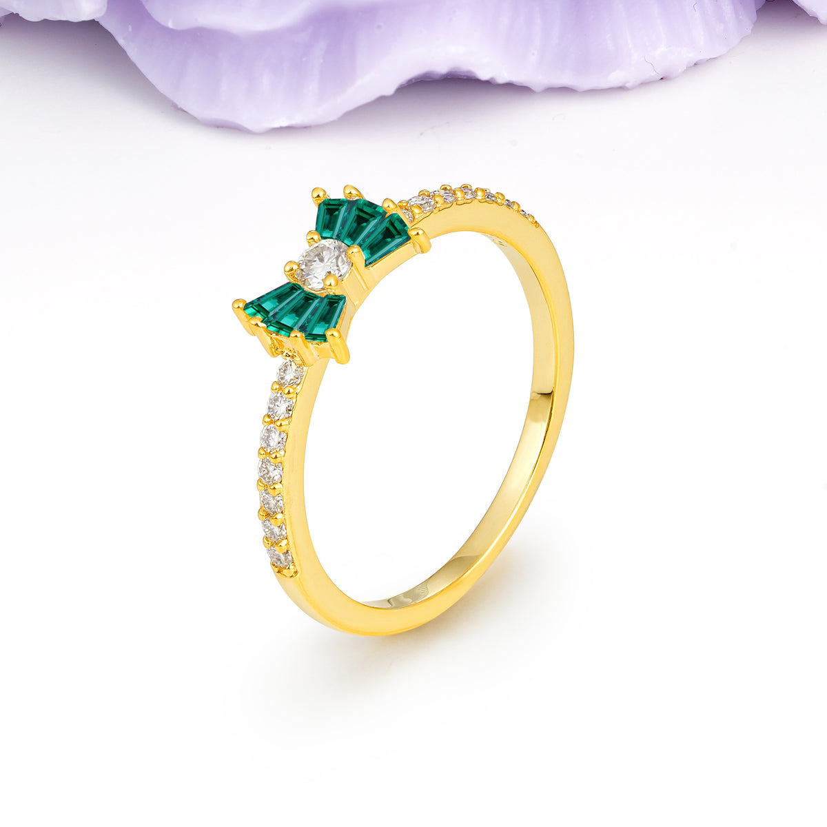 Luxurious Pavé-Set Diamonds, Unique Butterfly-Shaped 4-Prong Setting, Round Cut Emerald Wedding Ring - Additional view