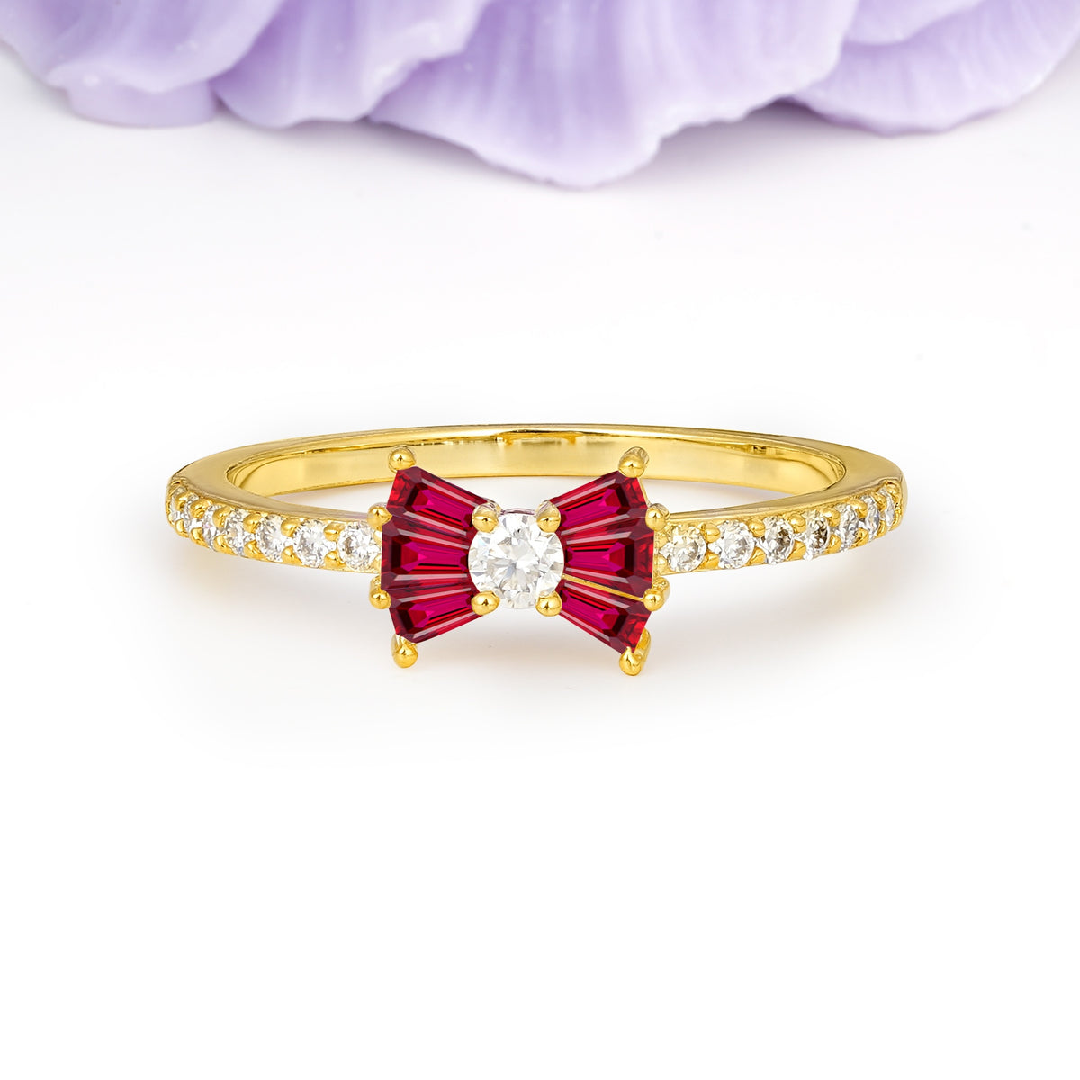 Luxurious Pavé-Set Diamonds, Unique Butterfly-Shaped 4-Prong Setting, Round Cut Ruby Wedding Ring - Additional view