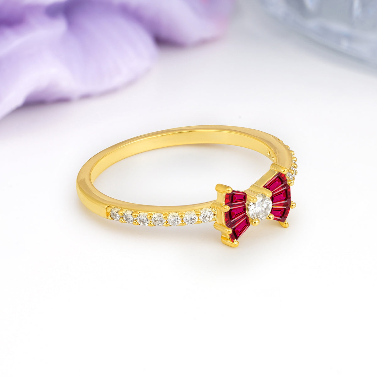 Luxurious Pavé-Set Diamonds, Unique Butterfly-Shaped 4-Prong Setting, Round Cut Ruby Wedding Ring - Additional view