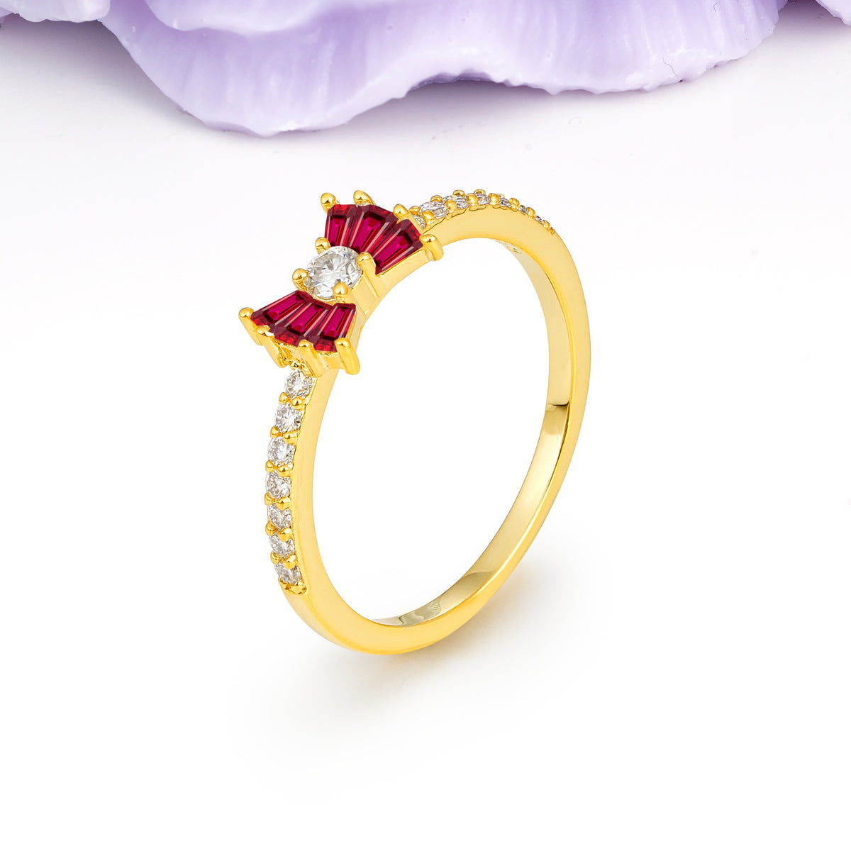 Luxurious Pavé-Set Diamonds, Unique Butterfly-Shaped 4-Prong Setting, Round Cut Ruby Wedding Ring - Additional view