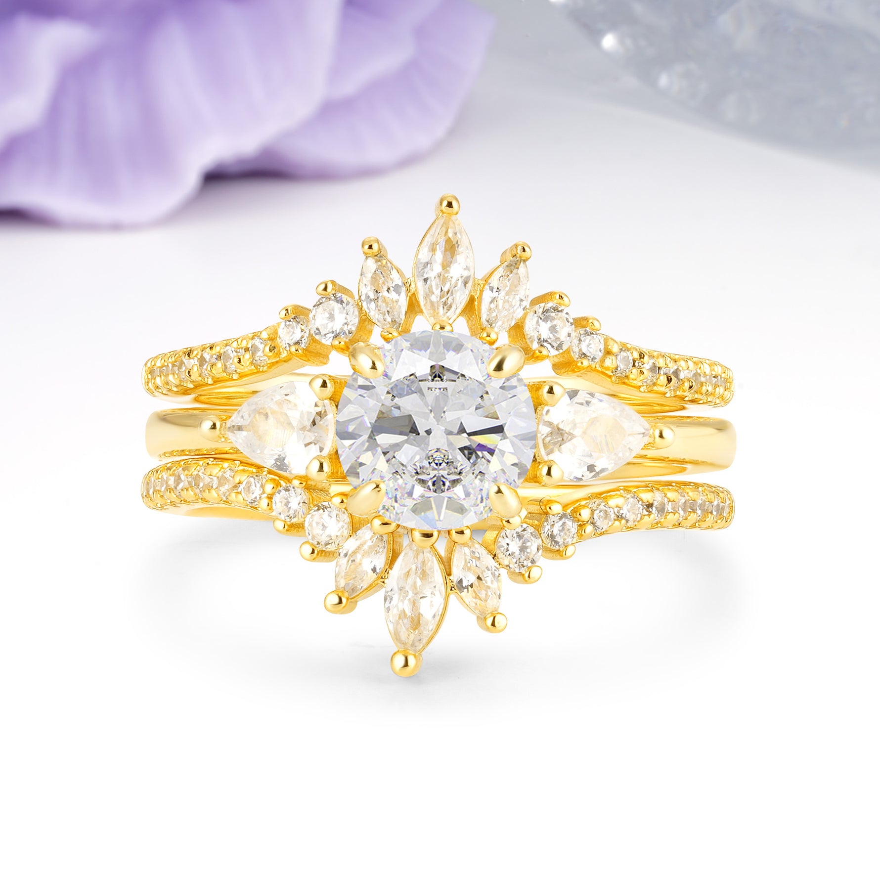 Radiant Round Cut Marquise Accent Moissanite Bridal Ring Set - Yellow-Gold