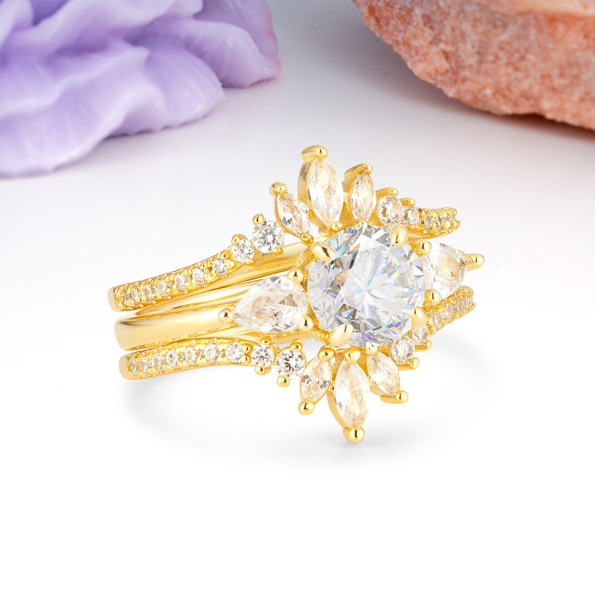 Radiant Round Cut Marquise Accent Moissanite Bridal Ring Set - Rose-Gold