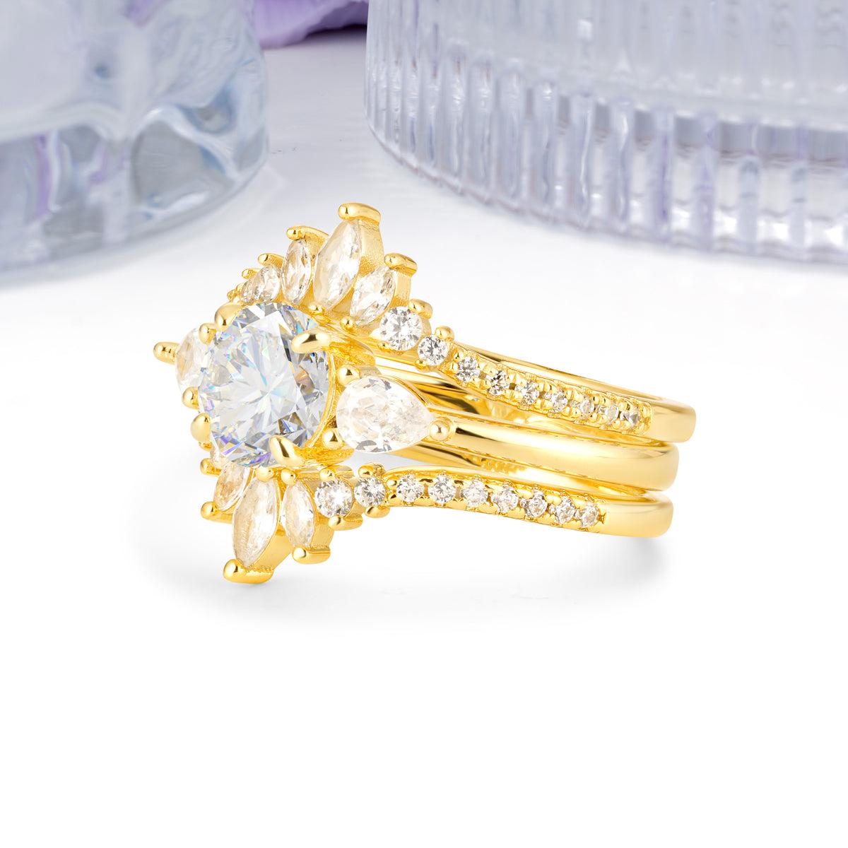 Radiant Round Cut Marquise Accent Moissanite Bridal Ring Set - White-Gold