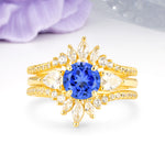 Radiant Round Cut Marquise Accent Sapphire Bridal Ring Set - Yellow-Gold