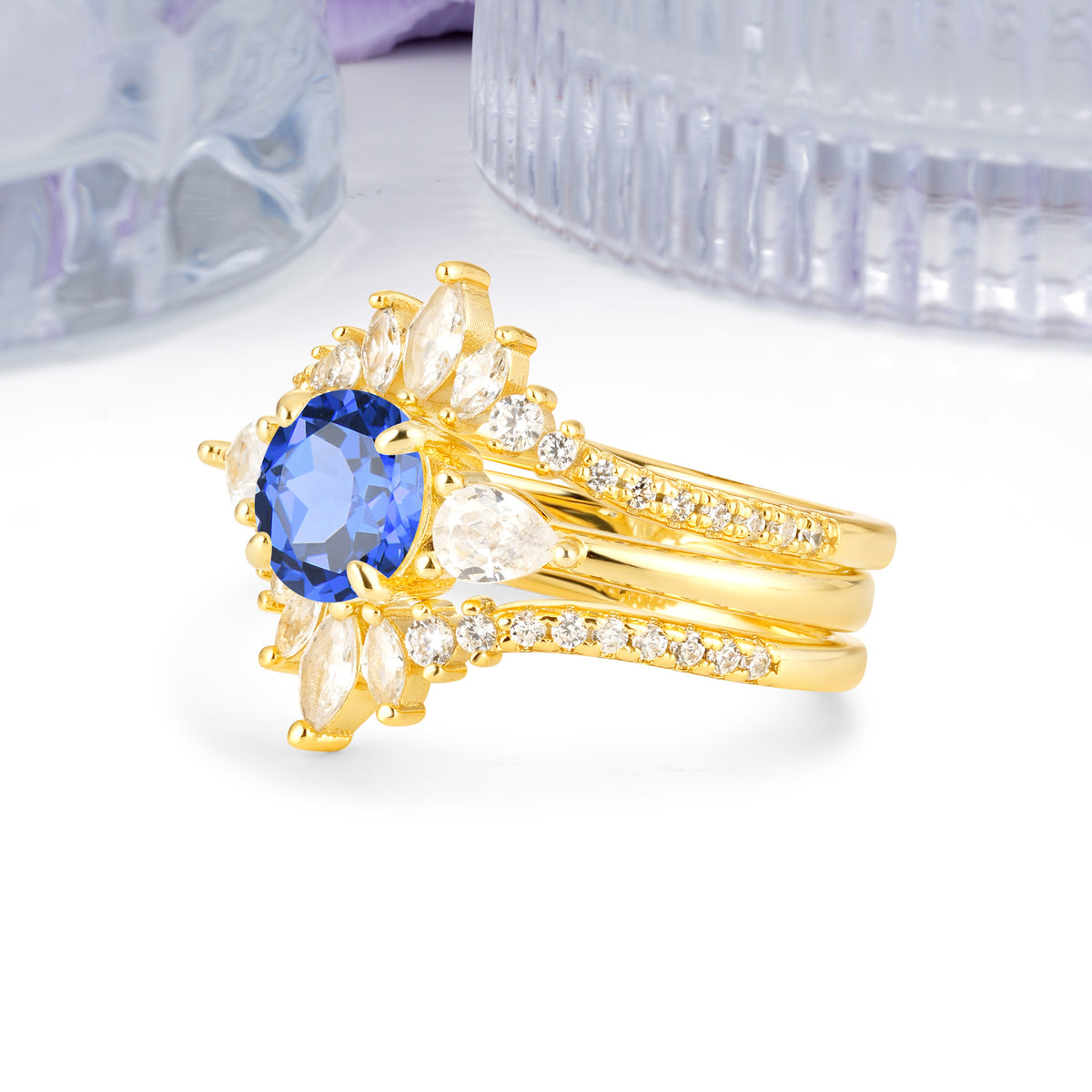 Radiant Round Cut Marquise Accent Sapphire Bridal Ring Set - White-Gold