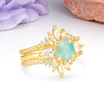 Radiant Round Cut Marquise Accent Fire Opal Bridal Ring Set - Rose-Gold