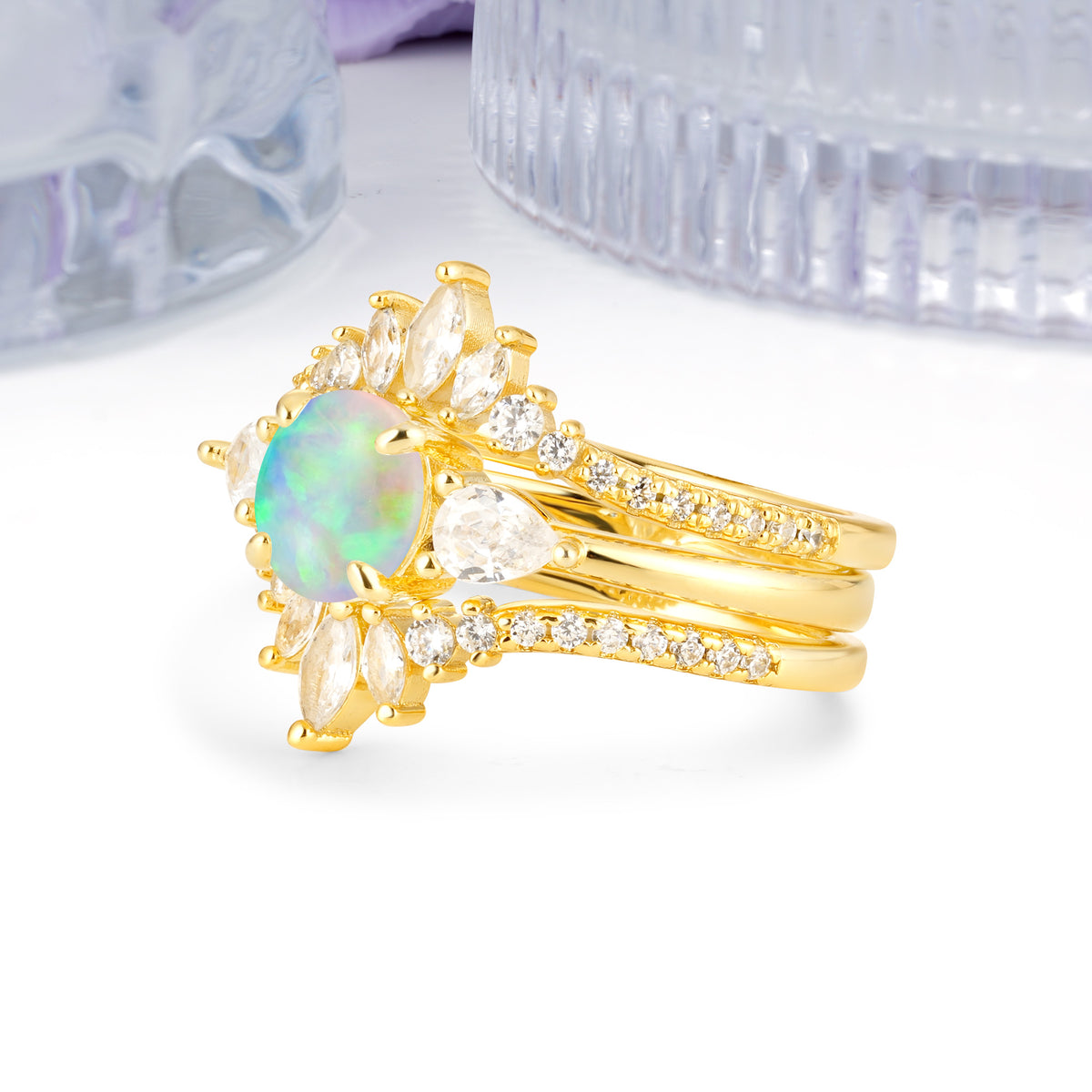 Radiant Round Cut Marquise Accent Fire Opal Bridal Ring Set - White-Gold