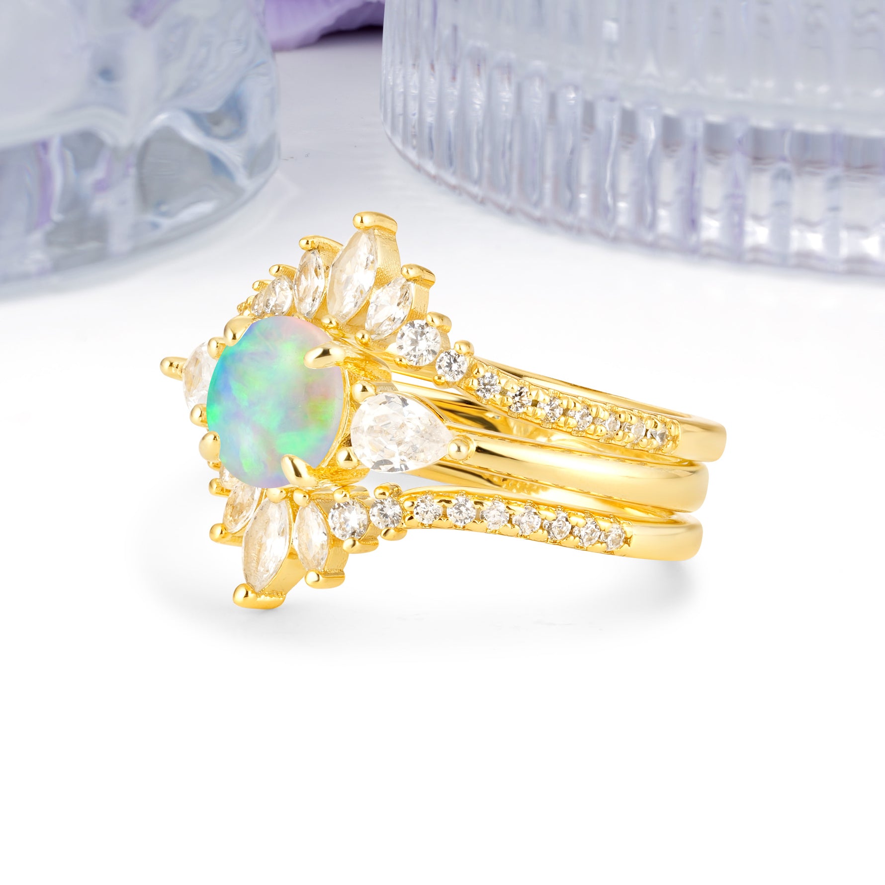 Radiant Round Cut Marquise Accent Fire Opal Bridal Ring Set - White-Gold