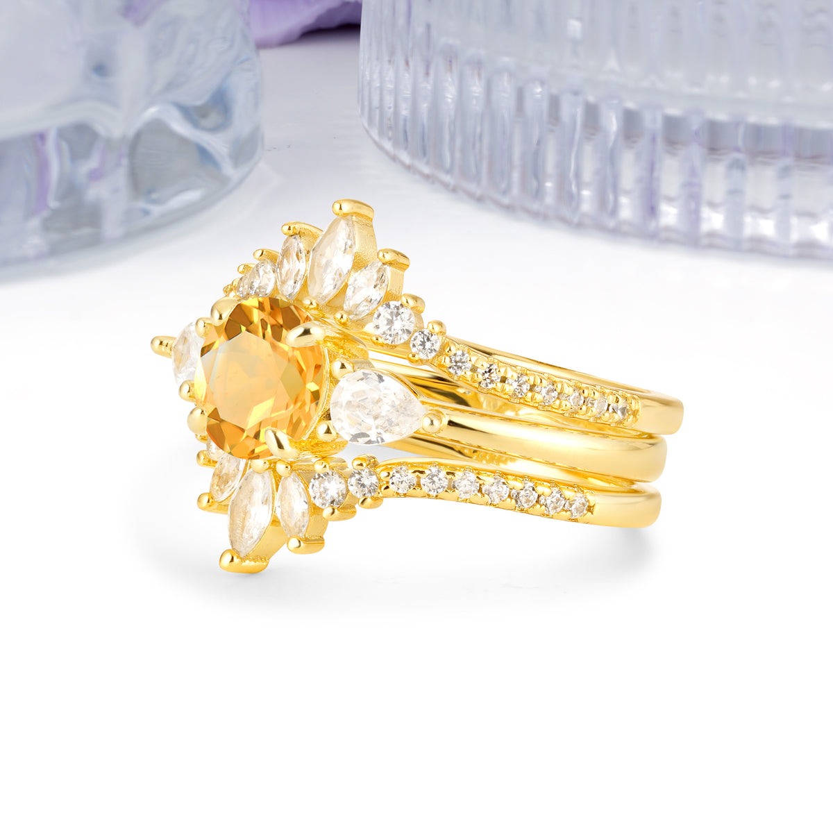 Radiant Round Cut Marquise Accent Citrine Bridal Ring Set - White-Gold