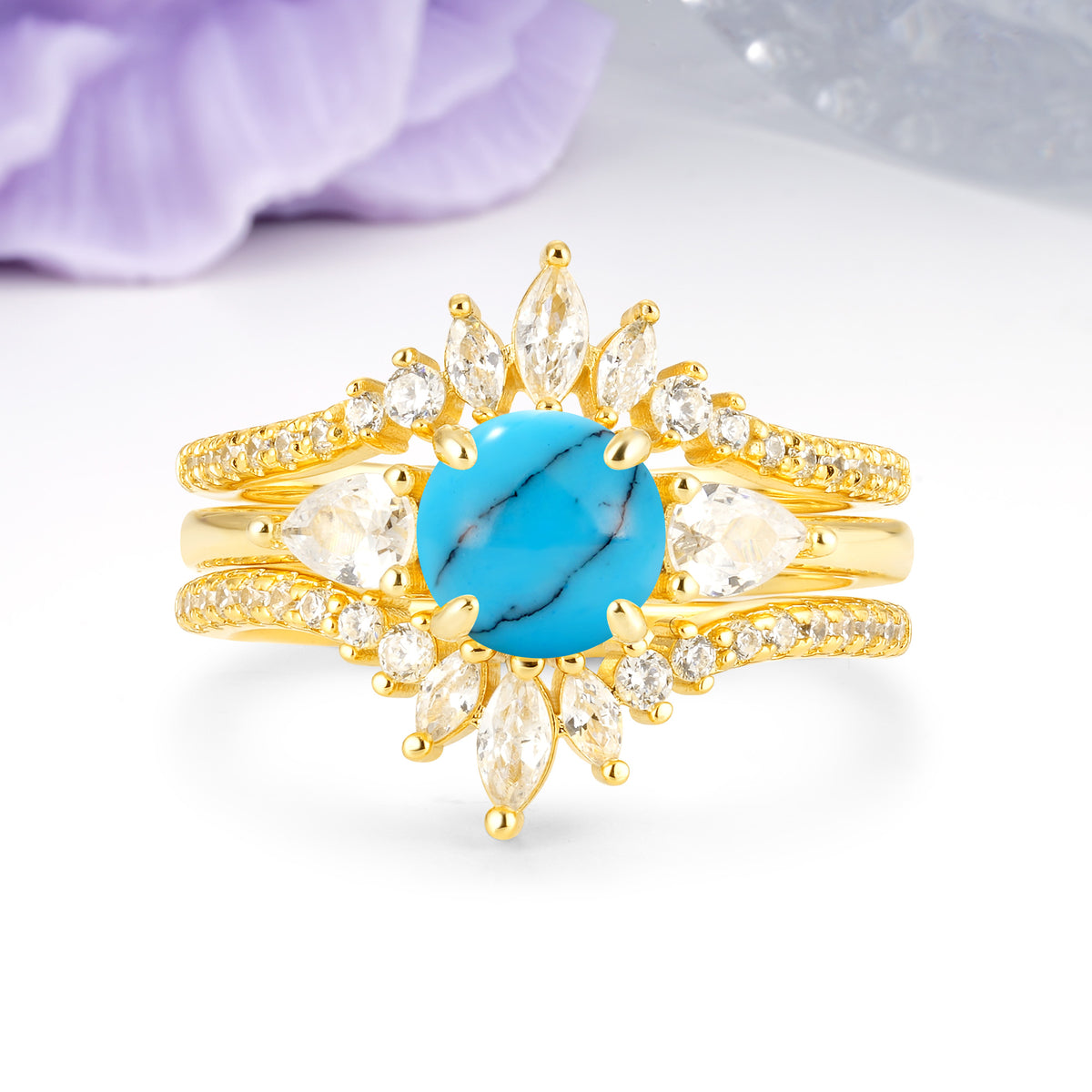 Radiant Round Cut Marquise Accent Turquoise Bridal Ring Set - Yellow-Gold