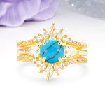 Radiant Round Cut Marquise Accent Turquoise Bridal Ring Set - Yellow-Gold