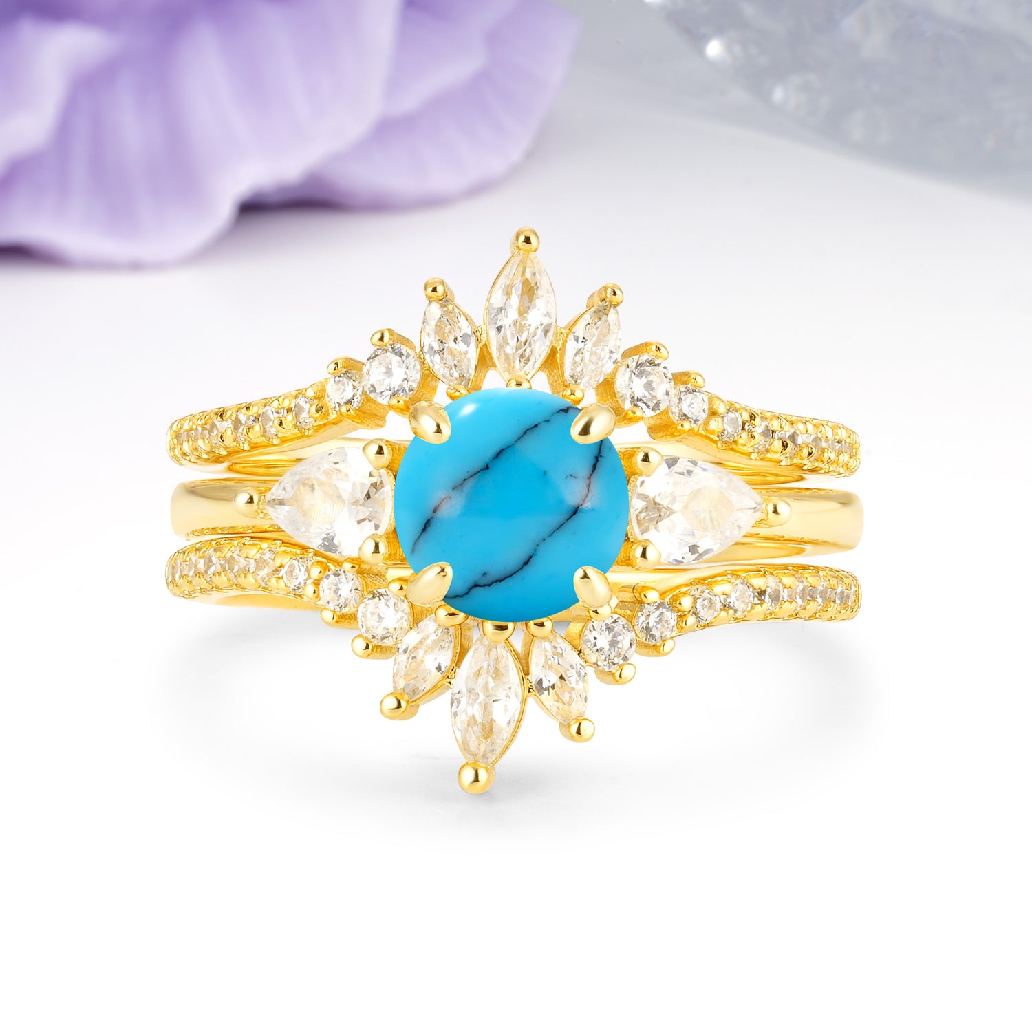 Radiant Round Cut Marquise Accent Turquoise Bridal Ring Set - Yellow-Gold
