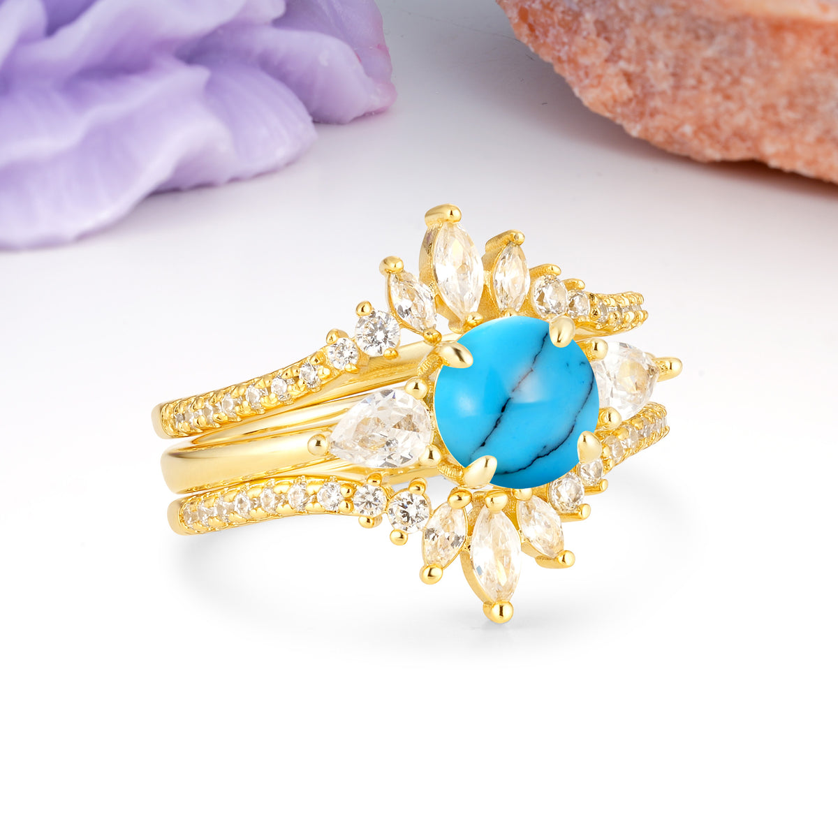 Radiant Round Cut Marquise Accent Turquoise Bridal Ring Set - Rose-Gold