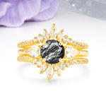 Radiant Round Cut Marquise Accent Black Rutilated Quartz Bridal Ring Set - Yellow-Gold