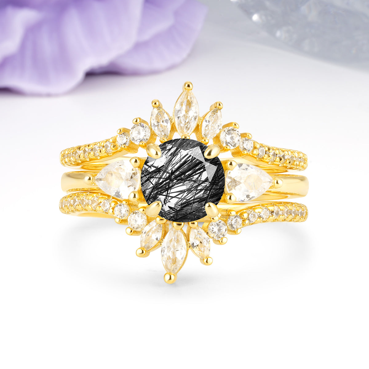 Radiant Round Cut Marquise Accent Black Rutilated Quartz Bridal Ring Set - Yellow-Gold