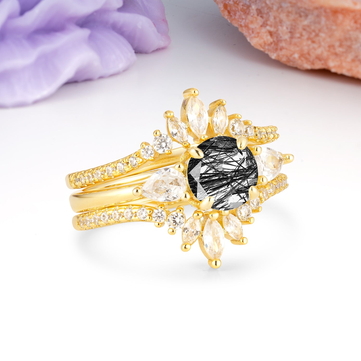 Radiant Round Cut Marquise Accent Black Rutilated Quartz Bridal Ring Set - Rose-Gold