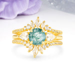 Radiant Round Cut Marquise Accent Moss Agate Bridal Ring Set - Yellow-Gold