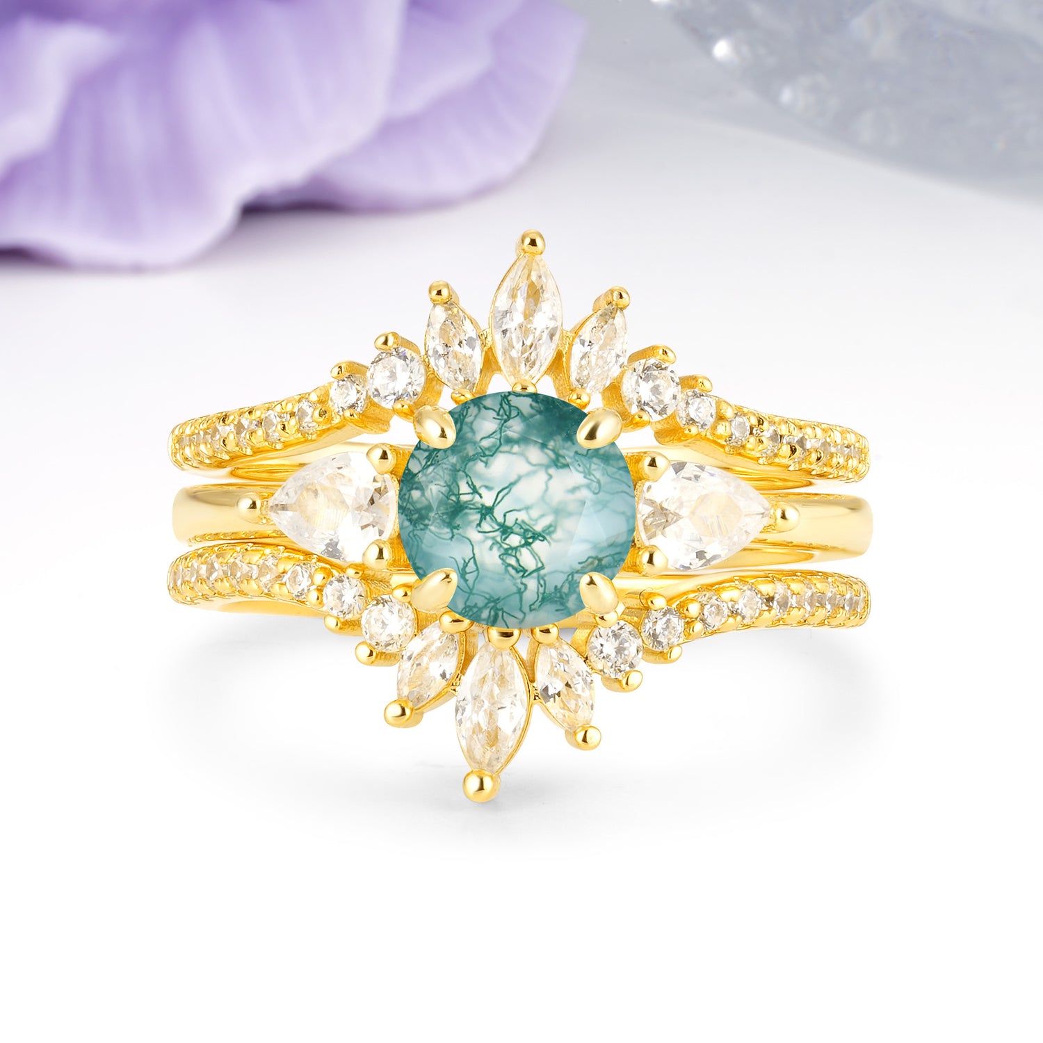 Radiant Round Cut Marquise Accent Moss Agate Bridal Ring Set - Yellow-Gold