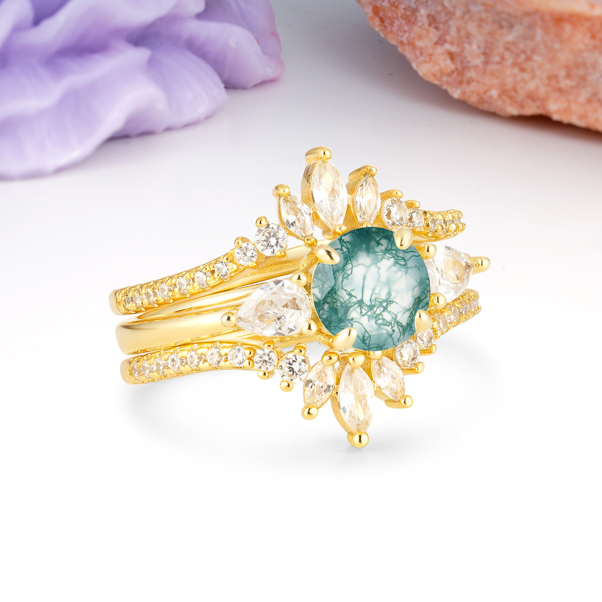 Radiant Round Cut Marquise Accent Moss Agate Bridal Ring Set - Rose-Gold