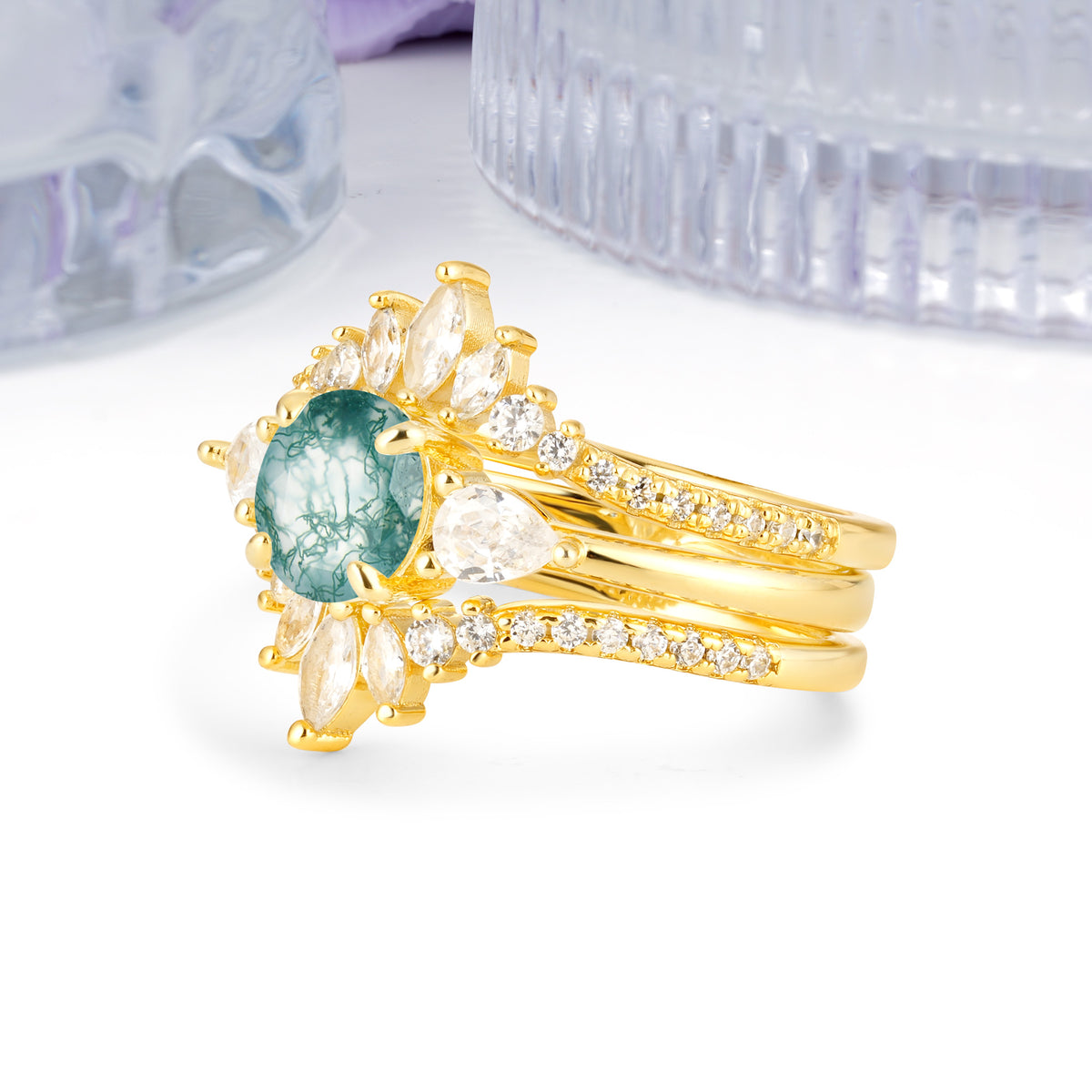 Radiant Round Cut Marquise Accent Moss Agate Bridal Ring Set - White-Gold