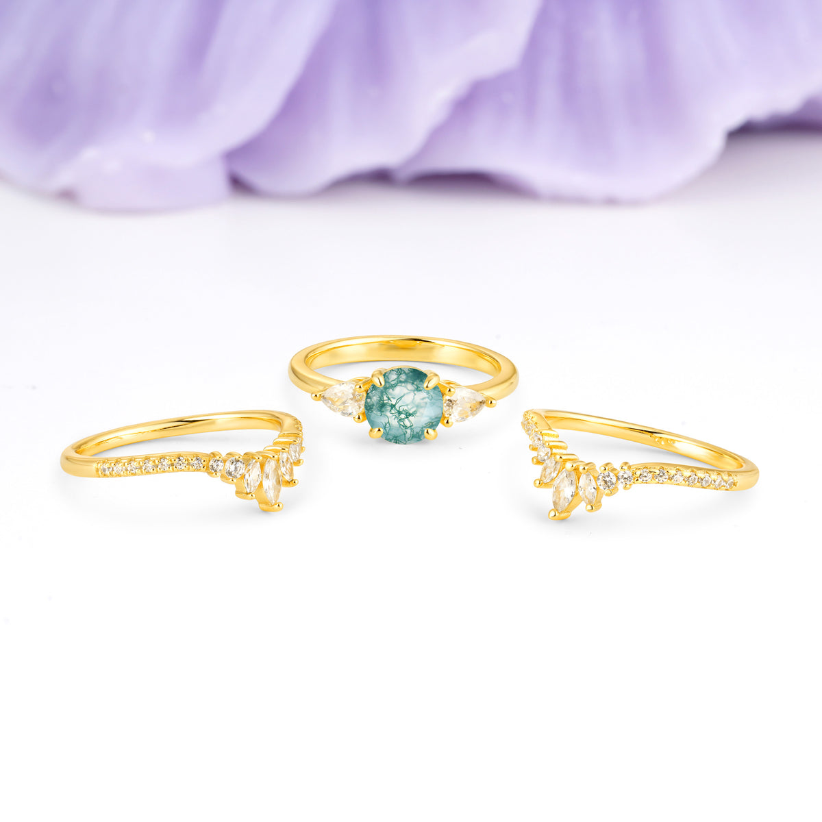 Radiant Round Cut Marquise Accent Moss Agate Bridal Ring Set - Additional view